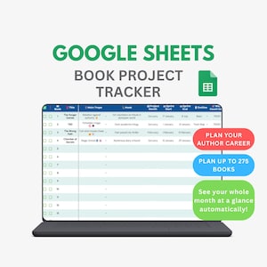 Può includere: Uno schermo di un laptop che mostra un tracker di progetti di libri di Google Sheets. Lo schermo mostra una tabella con colonne per il titolo del libro, il tema principale, l'hook, il mese del progetto e i dettagli dello sprint. Il testo dice "Pianifica la tua carriera di autore".