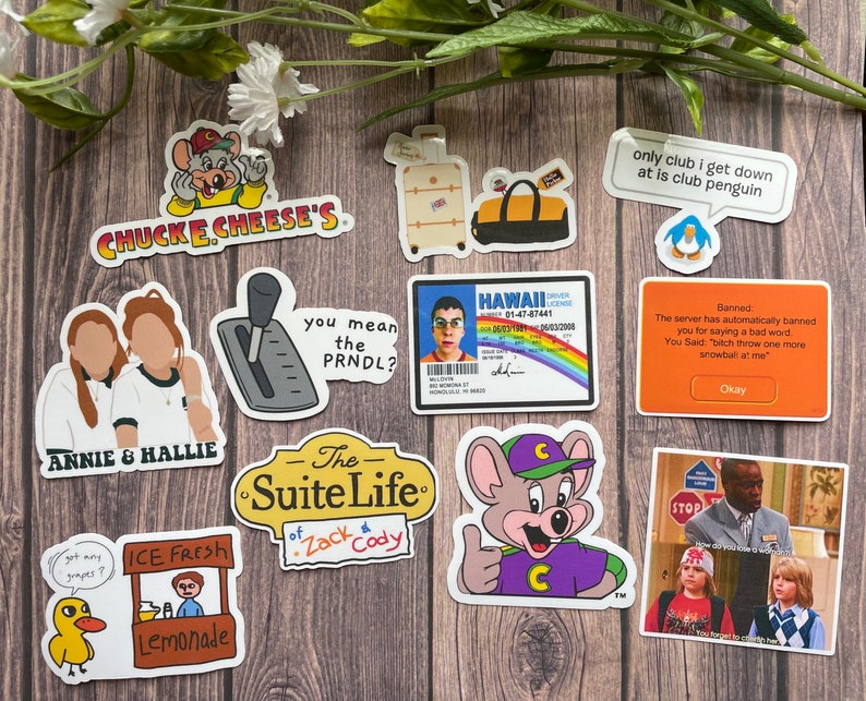 K&ouml;nnte beinhalten: Eine Sammlung von Aufklebern mit verschiedenen Figuren und Designs, darunter eine Comic-Maus, ein Pizzast&uuml;ck, ein Koffer, ein hawaiianischer F&uuml;hrerschein, ein Pinguin, ein Schalthebel, ein M&auml;dchen mit einer roten Schleife, ein M&auml;dchen mit einem gr&uuml;nen Shirt, ein Limostand, eine Ente, eine Comic-Maus mit einem lila Shirt, eine Szene aus der Fernsehserie "Zack & Cody's Suite Life", und eine Szene aus der Fernsehserie "Hannah Montana".