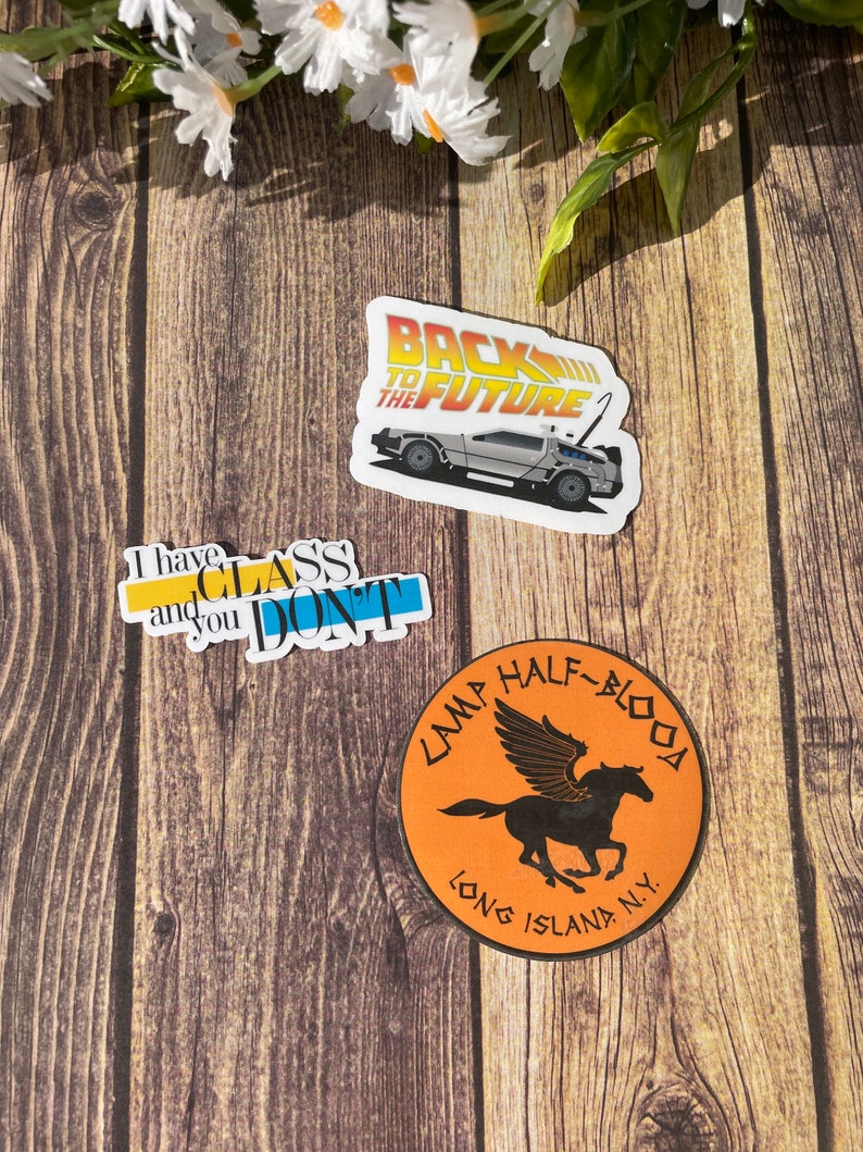 K&ouml;nnte beinhalten: Drei Aufkleber auf einem Holzgrund. Die Aufkleber sind ein runder orangefarbener Aufkleber mit einem schwarzen Pegasus und dem Text "Camp Half-Blood Long Island, N.Y.", ein blauer und gelber Aufkleber mit dem Text "Ich habe Unterricht und du nicht", und ein wei&szlig;er Aufkleber mit einem silbernen Auto und dem Text "Zur&uuml;ck in die Zukunft".