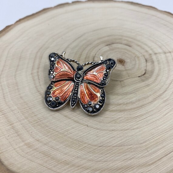 Enameled Butterfly Brooch Orange Black Silver Ton… - image 9