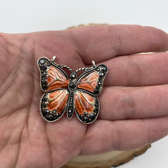 Enameled Butterfly Brooch Orange Black Silver Ton… - image 10