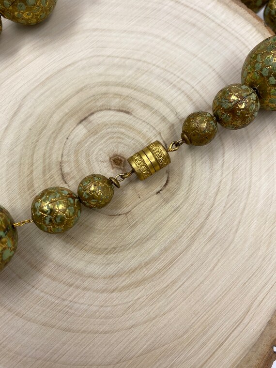 Gold with Green Large Beads Necklace with Barrel … - image 6