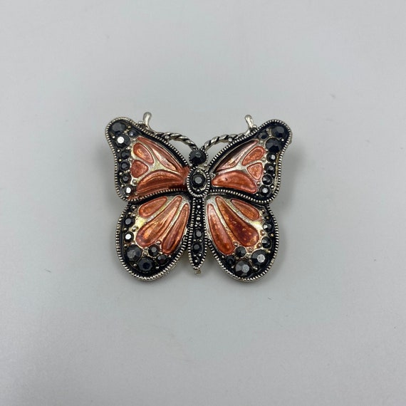 Enameled Butterfly Brooch Orange Black Silver Ton… - image 1