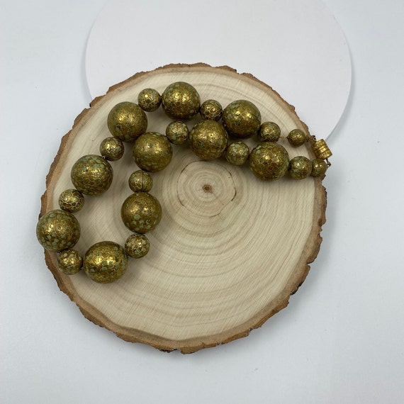 Gold with Green Large Beads Necklace with Barrel … - image 7