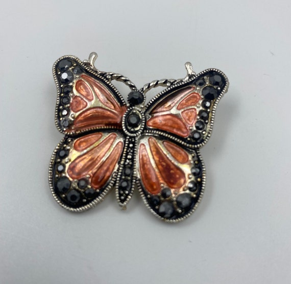 Enameled Butterfly Brooch Orange Black Silver Ton… - image 3