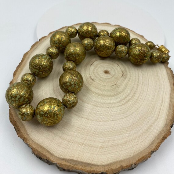 Gold with Green Large Beads Necklace with Barrel … - image 8