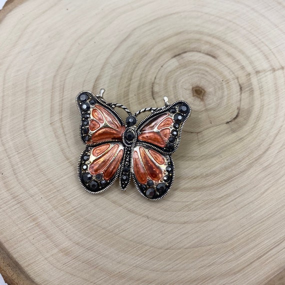 Enameled Butterfly Brooch Orange Black Silver Ton… - image 8