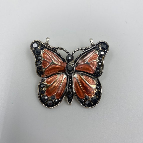 Enameled Butterfly Brooch Orange Black Silver Ton… - image 2