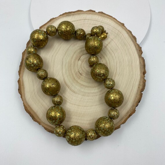 Gold with Green Large Beads Necklace with Barrel … - image 5