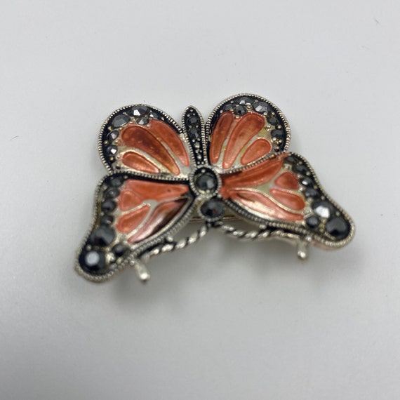 Enameled Butterfly Brooch Orange Black Silver Ton… - image 4