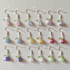 Handmade spring flower lily of the valley earrings in purple blue white pink red green and yellow. Sterling silver