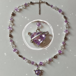 Handmade purple heart necklace with glass beads and faux pearls