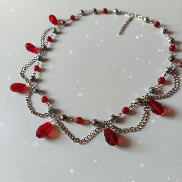 Handmade red and metallic blood drop gothic necklace