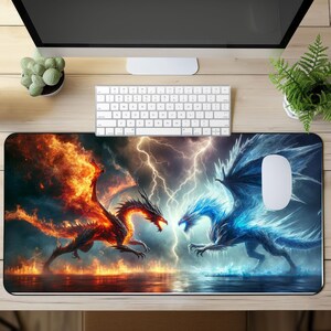 May include: A mouse pad featuring a fiery red dragon and a blue ice dragon facing each other with lightning bolts in the background.