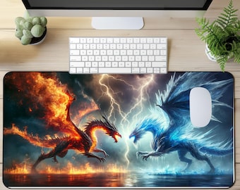 May include: A mouse pad featuring a fiery red dragon and a blue ice dragon facing each other with lightning bolts in the background.