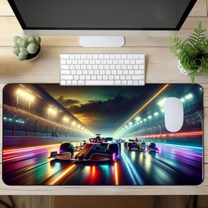 May include: A black and red race car speeding down a track with colorful neon lights. The car is surrounded by other cars and the track is lined with lights and spectators.