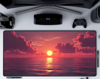 Red Sunset Desk Pad,   Ocean Sunset Desk Pad,  Extra Large Mouse Pad, Sea Life Desk Decor, Sun Setting Over the Ocean Desk Pad and Mousepad