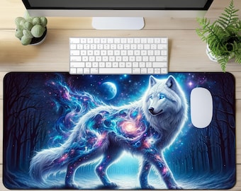 Space Explorer Animal Desk Pad, Cosmic White Wolf Desk Mat, Space Universe Gaming Extra Large Mousepad, Galaxy Themed PC Computer Pad