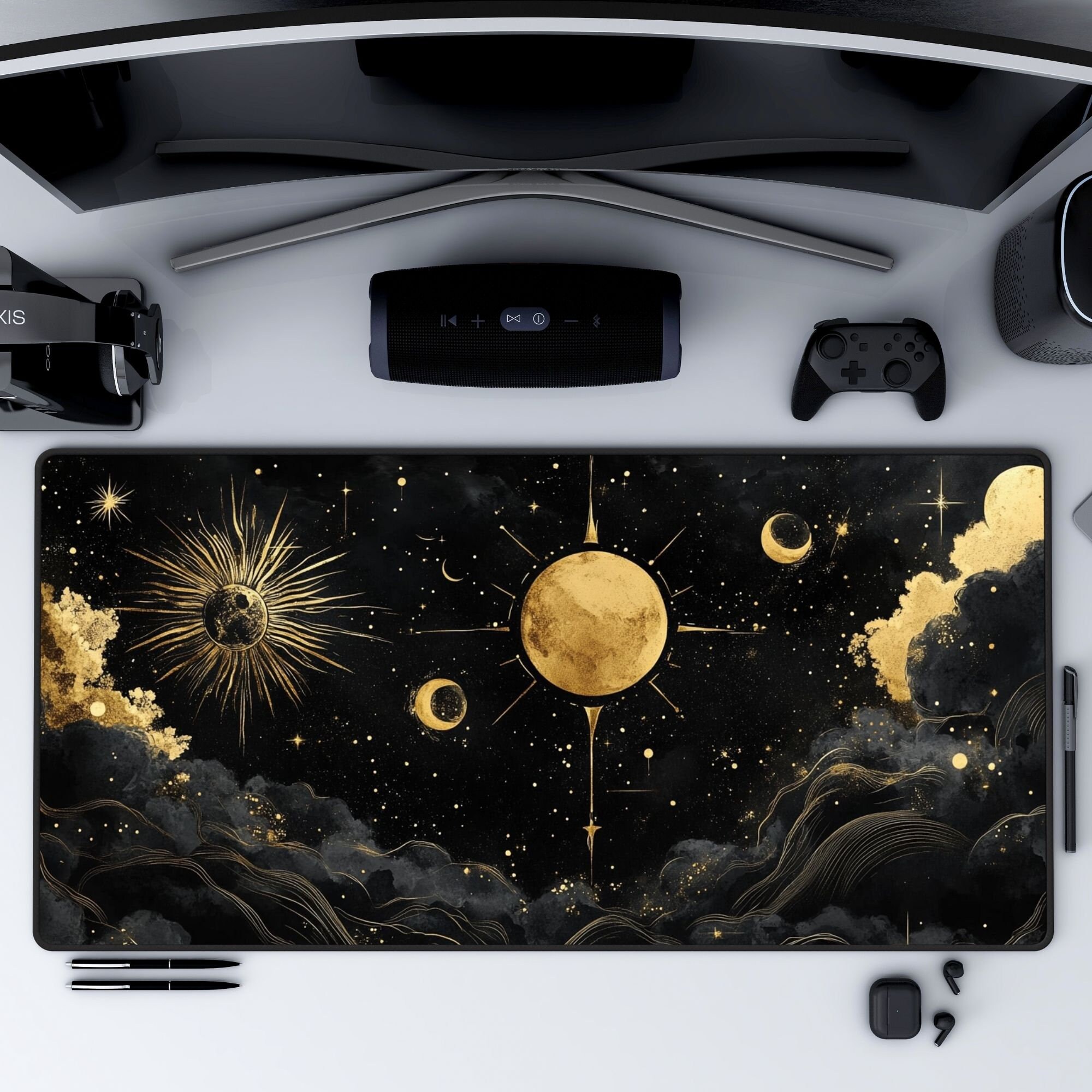 Celestial Desk Mat in Black and Gold with Stars and Moon and Clouds, Night Sky Desk Mat,  Extra Large Mouse Pad,  Stars and Moon Desk Pad,