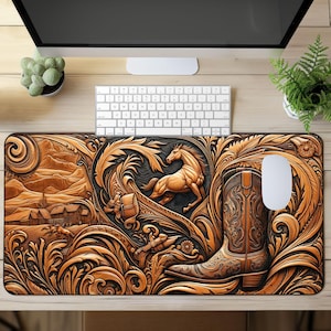 Western Art Desk Pad, Tooled Leather Look Inspired Computer PC Mat, Art of the West Extra Long Mousepad,  Western Decor and Accessories