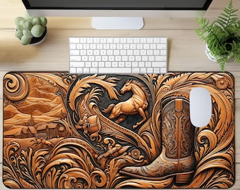 Western Art Desk Pad, Tooled Leather Look Inspired Computer PC Mat, Art of the West Extra Long Mousepad,  Western Decor and Accessories