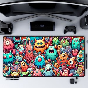 May include: A colorful mousepad featuring a whimsical design of various cartoon monsters in shades of blue, green, orange, pink, purple, and yellow. The monsters have different shapes, sizes, and expressions, creating a fun and playful design.
