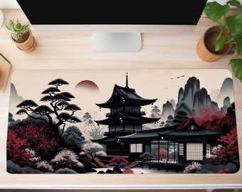 Japanese Desk Pad, Large Desk Mat, Japan Art Themed Mousepad, Gaming Desk Decor and Accessories. Extended Mousepad Japanese Red and Black