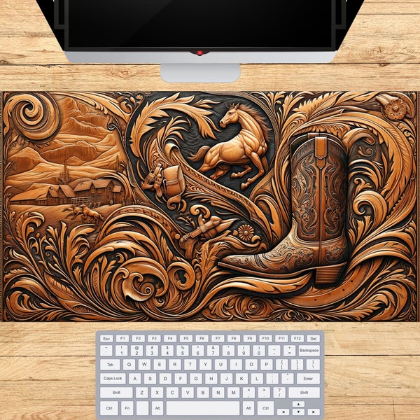 Western Art Desk Pad, Tooled Leather Look Inspired Computer PC Mat, Art of the West Extra Long Mousepad,  Western Decor and Accessories