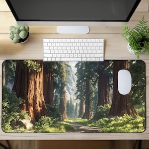 May include: A brown and green forest scene with tall trees and a dirt path leading into the distance. The scene is perfect for a mousepad.