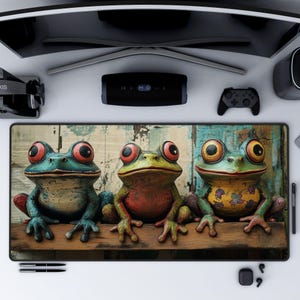 Three Frogs Desk Mat and Decor, Frog Lover Mouse Pad, Large Gaming Mousepad, MTG Playmat, TCG Desk Accessories and Desk Pad, Froggie Deskpad