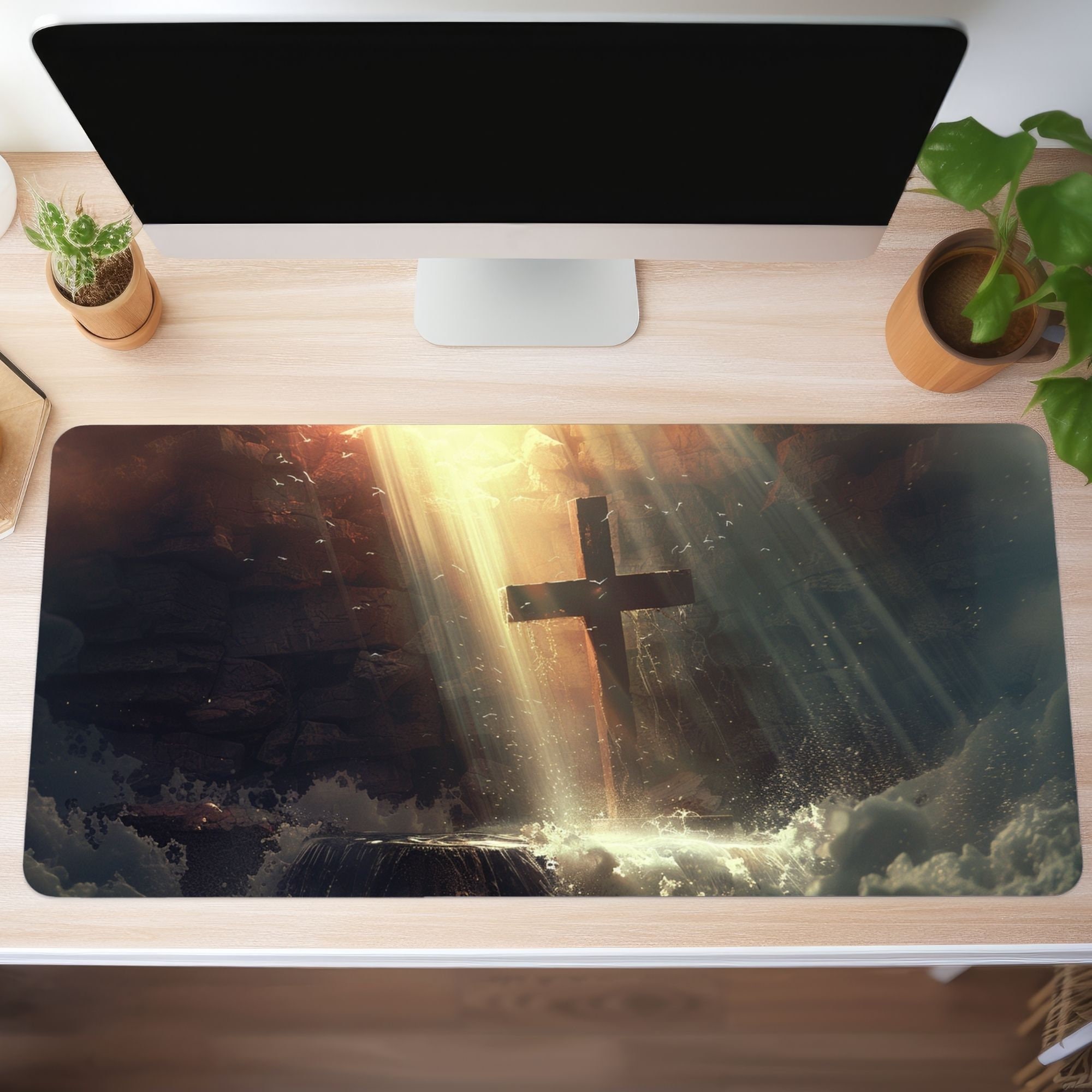 Cross With Sun Rays Desk Pad, Christian Decor Mouse Pad, Faith and ...