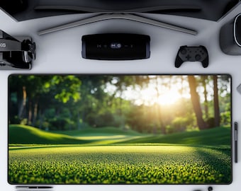 May include: A green and brown golf course themed mousepad with a blurred background of trees and a bright sun.