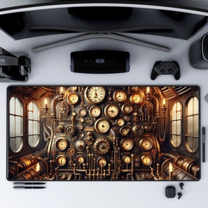 May include: A steampunk-themed mousepad with a detailed illustration of a complex machine with numerous gears, dials, and gauges. The background is a dark brown with a subtle texture.