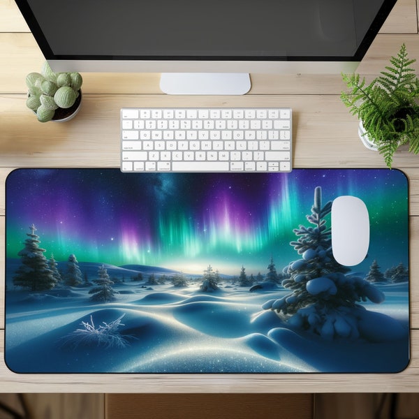 Northern Lights Desk Pad,  Winter Themed Computer PC Mat,  Snow Scene Extra Long Mousepad,  Aesthetic Home  Office Decor and Accessories