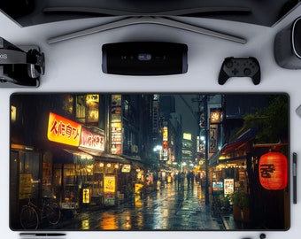 Asian Night Scene Desk Mat, Anime XL Mouse Pad, Cyberpunk Gaming Mat, Japan Street Mouse Mat, Extra Large Mousepad in 4 Sizes, Desk Decor