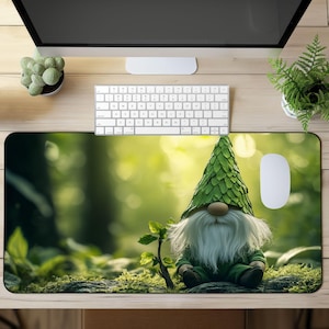 May include: A green gnome with a white beard sits on a green mossy surface. The gnome is wearing a green pointed hat and has a green and white beard. The background is a blurry green forest.