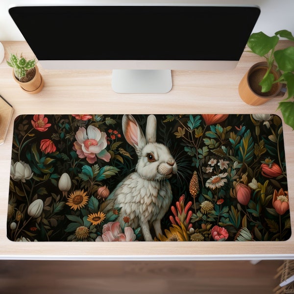 Animal Lovers Desk Pad,   Rabbit Themed Computer PC Mat,  Extra Long Mousepad,  Cottage Core Aesthetic Home  Office Decor and Accessories
