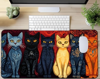 Folk Art Cat Desk Mat, Cute Cat Mouse Pad, Whimsical Cats Desk Pad,  Gift for Cat Lovers, Cat Mom Desk Decor, Funny Cats Desk Art