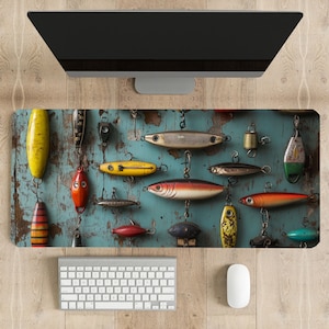 Vintage Fishing Lures Desk Mat, Gift for Him, Unique Mouse Pad, Extra Large Mousepad, Desk Pad for Men, Dad Gift,  4 Sizes
