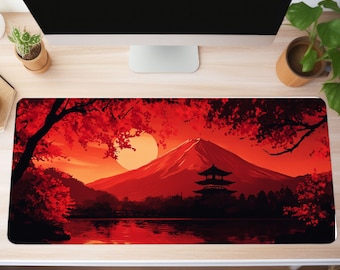 Japan Desk Decor, Japanese Landscape Desk Mat, Fantasy Extended Mouse Pad, Japanese Office Decor, Gaming Mousepad XL, Keyboard Playmat Red
