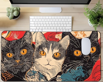 Three Cats Desk Mat and Mousepad,  Cat Lover Desk Decor,  Aesthetic Desk Pad, Large Mouse Pad, Gaming Mat and Deskmat