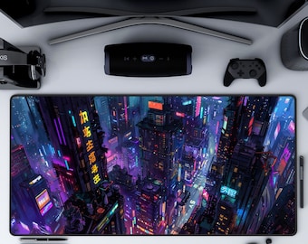 May include: A black and white gaming mousepad with a neon cityscape design. The cityscape features tall buildings with neon lights and signs in Japanese. The mousepad is rectangular and has a smooth surface.