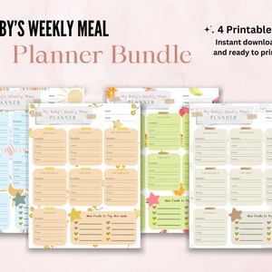 May include: Printable weekly meal planner for babies. Four pages with colourful backgrounds and illustrations of fruits, stars, and clouds. Each page has a section for breakfast, lunch, dinner, and snacks for each day of the week. There is also a section for new foods to try this week.