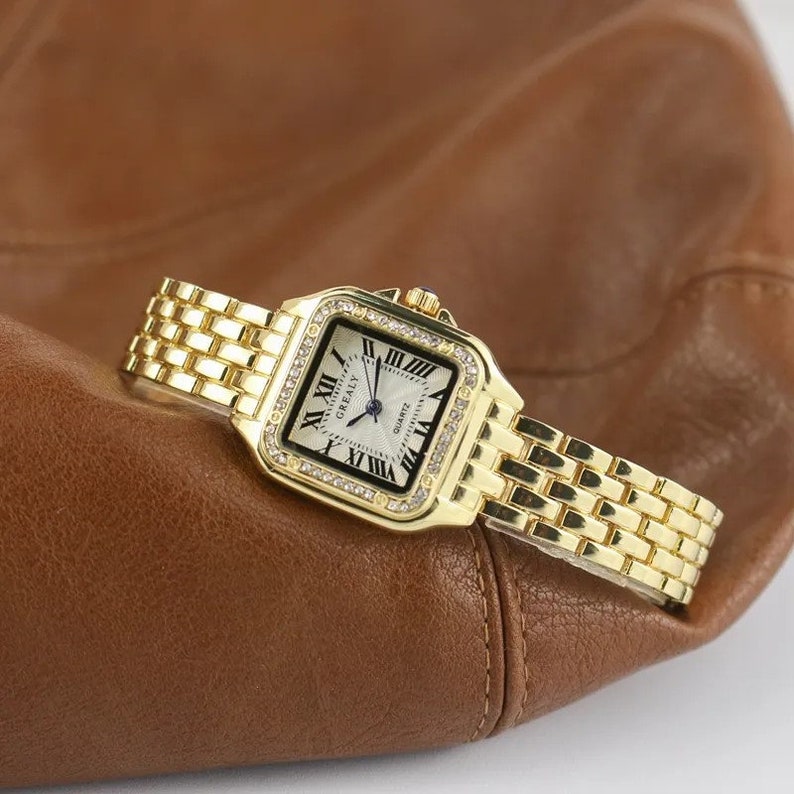 Gold Square Women's Fashion Classic Watch Stainless Steel Vintage Zirconia Diamond Chain Link Ladies Watch Cubic Zirconia Bezel
