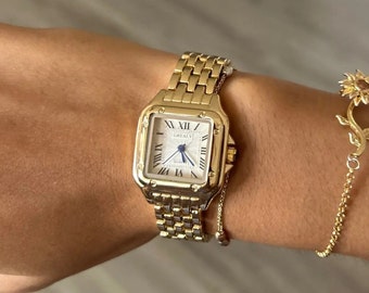 Gold Quadrat Damenuhr Klassisch Uhr Edelstahl Vintage Zirkonia Diamant Kette Glied Damenuhr