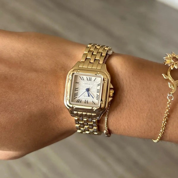 Gold Square Women's Fashion Classic Watch Stainless Steel Vintage Zirconia Diamond Chain Link Ladies Watch