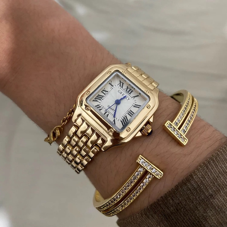 Gold Square Women's Fashion Classic Watch Stainless Steel Vintage Zirconia Diamond Chain Link Ladies Watch image 6