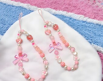 Bow Strawberry Phone Charm Beaded Phone Strap Phone Lanyard Phone Strap Phone String Handmade Beads Phone Accessory Pink