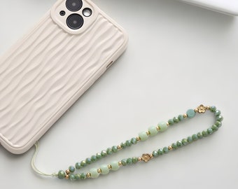 Flower Stone Phone Beaded Charm With Green Pink and Gold Beads Phone Keychain Beaded Phone Strap Phone Lanyard Phone Chain Cute Phone Charm