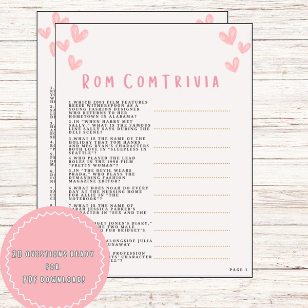 ROMCOM Trivia, Romantic Comedy Trivia, Galentines day games, Unique games for friends, Digital Download